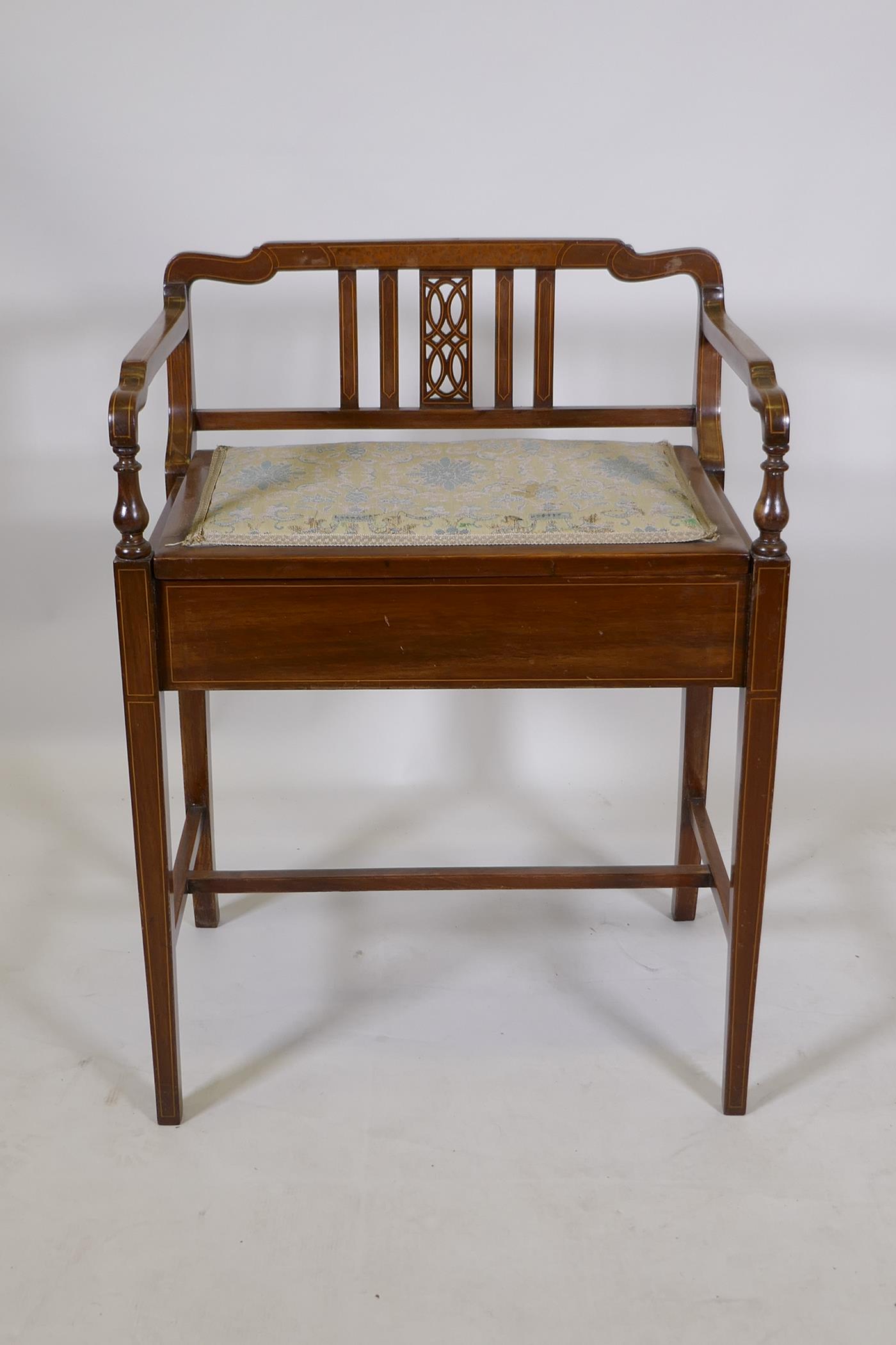 An Edwardian mahogany piano stool with boxwood and burr walnut inlaid decoration and lift up seat, - Image 2 of 4