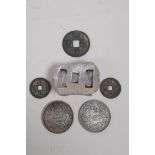 A Chinese white metal trade token and five facsimile (replica) coins, token 6 x 4cms
