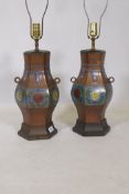 A pair of Chinese metal table lamps with cloisonne decoration, 48cm high, 76cm to top of shade mount