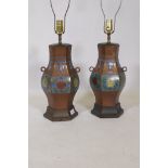 A pair of Chinese metal table lamps with cloisonne decoration, 48cm high, 76cm to top of shade mount