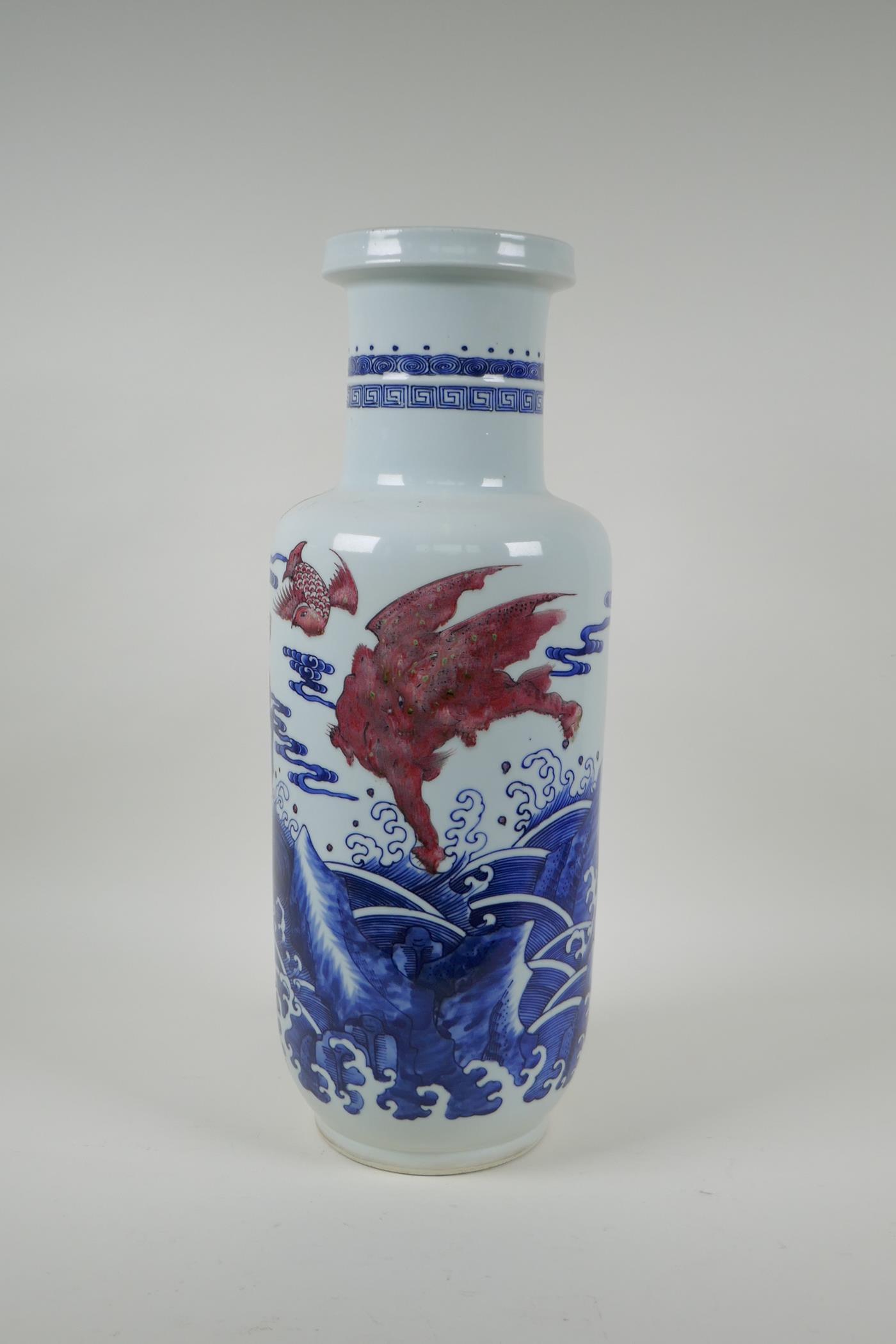 A Chinese blue and white porcelain rouleau vase with red mythical creature decoration, 45cm high - Image 3 of 6