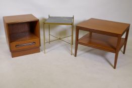 A G-Plan teak side unit with single drawer, 46 x 40 x 54cms, a brass lamp table and mid century teak