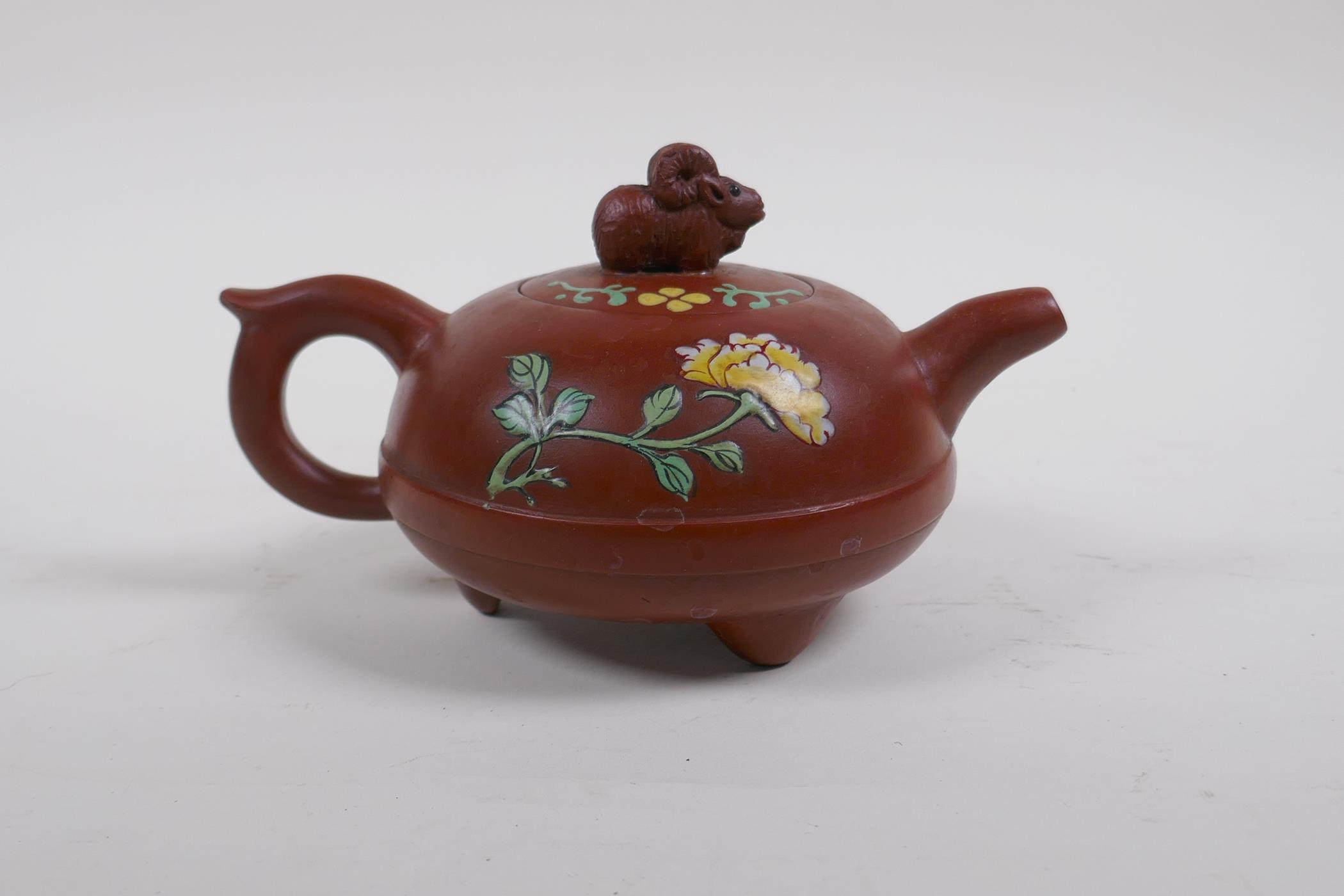 A Chinese YiXing teapot with polychrome enamel floral decoration, marks to base, 12cm diameter - Image 3 of 5