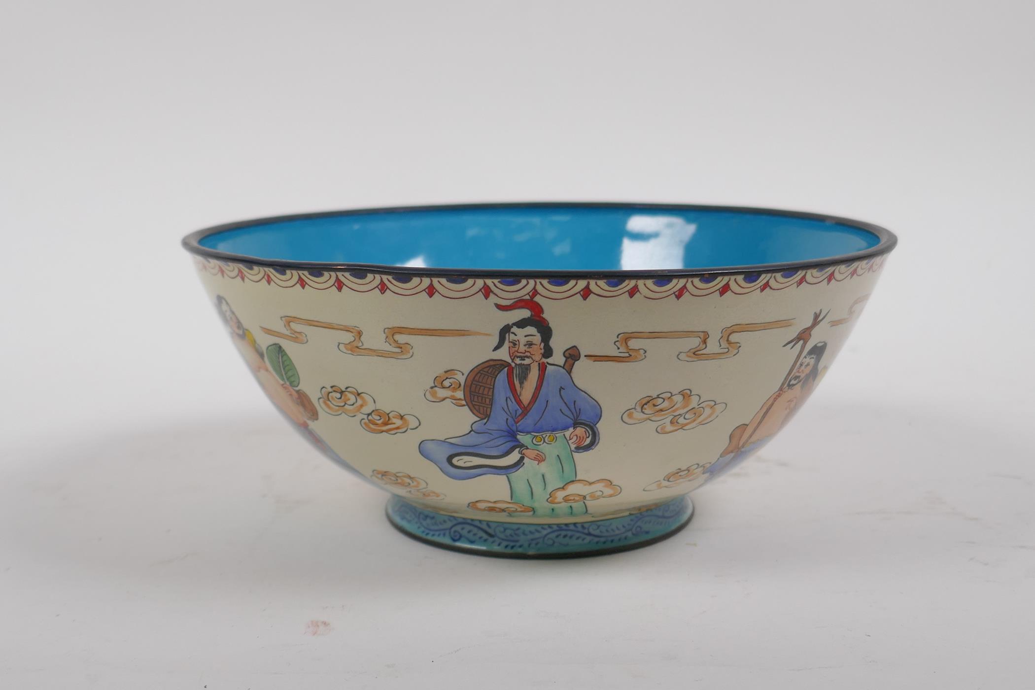 A Canton enamel rice bowl decorated with the eight immortals, Chinese 4 character mark to base, 17cm - Image 5 of 7