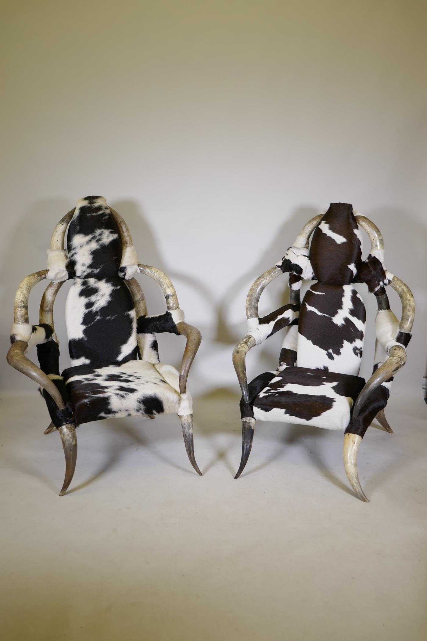 A pair of horn and hide covered open armchairs, 125cm high - Image 2 of 4