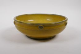 A Chinese yellow and celadon crackle glazed porcelain bowl, 23cm diameter