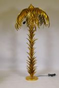 A metal floor lamp in the form of a palm tree with gilt metal leaf decoration, 137cm high