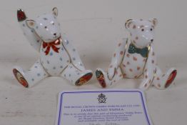 Royal Crown Derby porcelain James and Emma miniature teddy bears, boxed, 7cm high