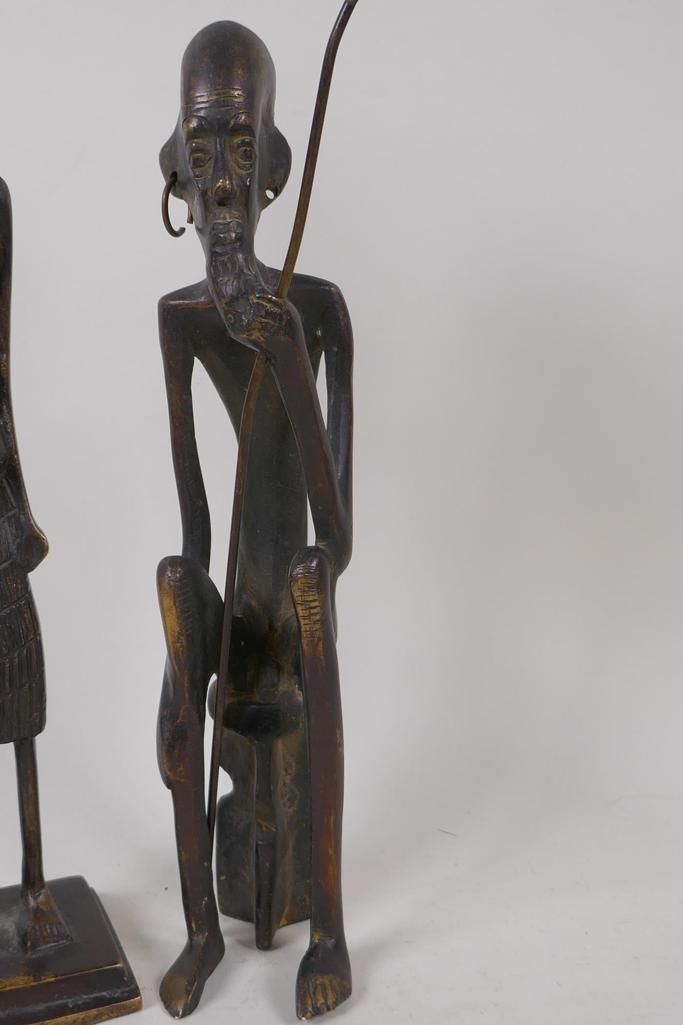 Two Benin bronze figures of a warrior and woman, 30cm high - Image 2 of 4