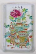 A Chinese polychrome porcelain rectangular tray decorated with vases of flowers, 19 x 28cm