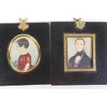 Two miniature paintings, a young child and a gentleman, in ebonised acorn frames, 12 x 14cm overall