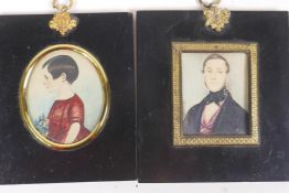Two miniature paintings, a young child and a gentleman, in ebonised acorn frames, 12 x 14cm overall
