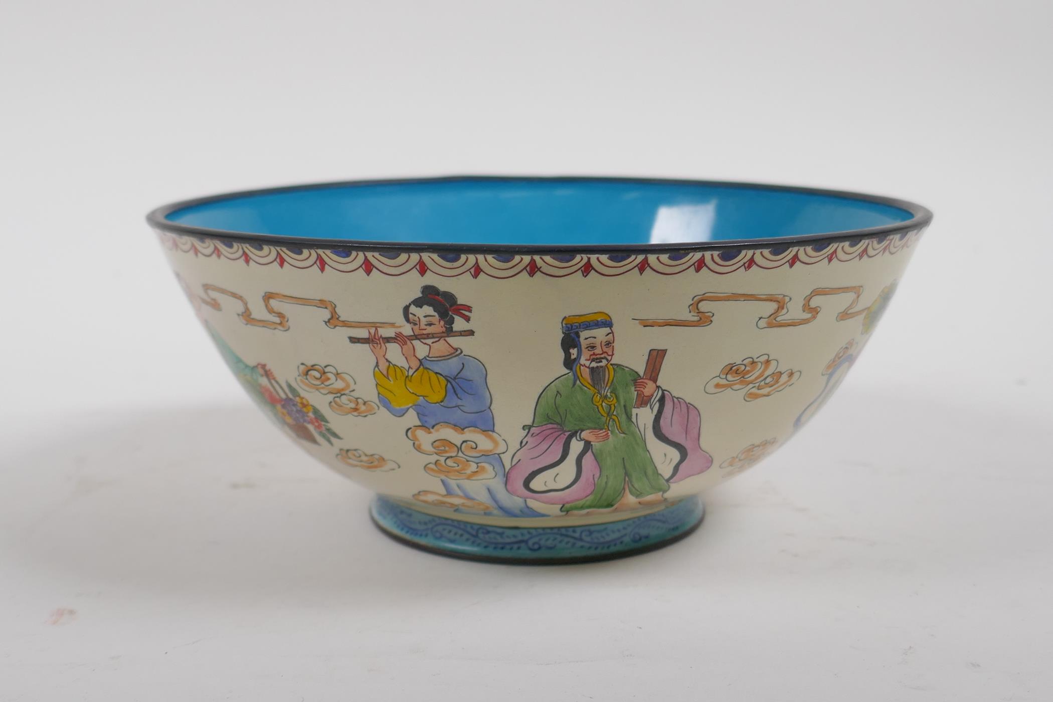 A Canton enamel rice bowl decorated with the eight immortals, Chinese 4 character mark to base, 17cm - Image 2 of 7