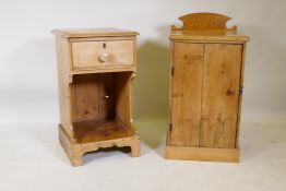 An antique stripped pine cupboard, and a cabinet with single drawer, 48 x 50 x 80cms