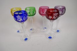 A harlequin set of 6 long stem Hock glasses with cut and coloured bowls by Chelsea Crystal, 21cm