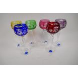 A harlequin set of 6 long stem Hock glasses with cut and coloured bowls by Chelsea Crystal, 21cm