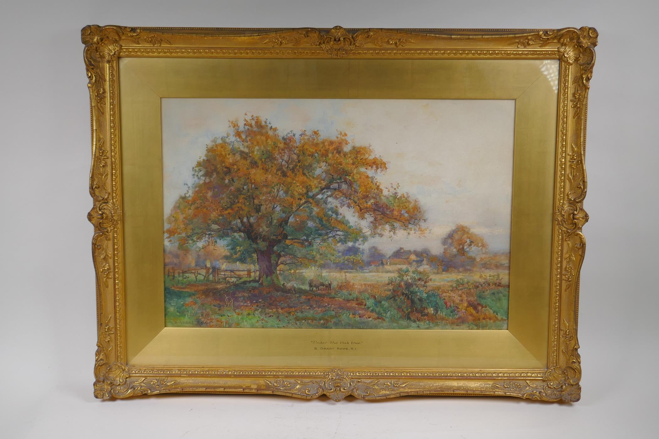 Sidney Grant Rowe, landscape with sheep under a tree, inscribed on frame 'Under the Oak Tree', - Image 2 of 4