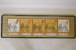 An oriental framed polyptych depicting five Buddhas, water inscriptions and seal marks, framed,