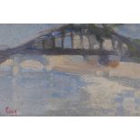 River scene with bridge, inscribed verso 'Le Pont', early C20th, oil on mill board, bears stamped