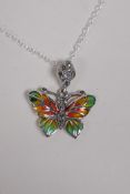 A silver and plique a jour butterfly pendant necklace, 2.5cm drop