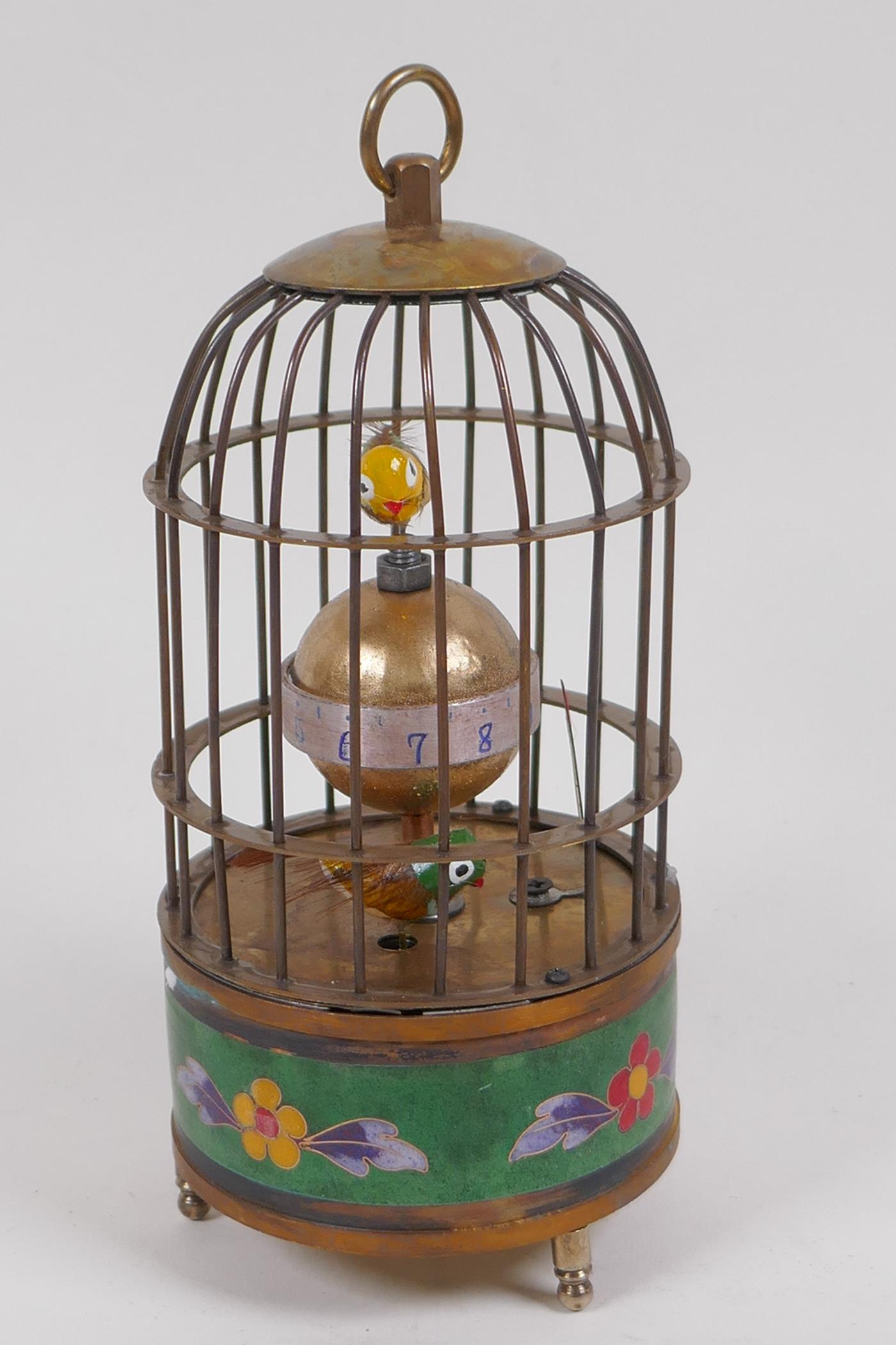 A cloisonne and brass birdcage mantel clock, 17cm high, winder absent - Image 2 of 4