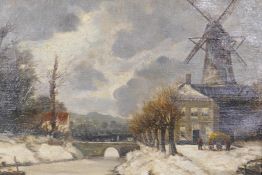 Henri van Seben, Netherlandish winter landscape with windmill, oil on canvas, signed, 55 x 66cms