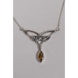 A 925 silver Art Nouveau style necklace with citrine drop