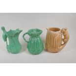 Three Sylvac Art Deco pottery jugs, a squirrel, stork and basket weave, 25cm high