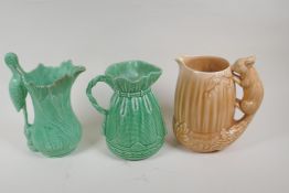 Three Sylvac Art Deco pottery jugs, a squirrel, stork and basket weave, 25cm high