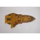 A Chinese carved marbled jade tablet in the form of a Ge (dagger axe) with applied gilt kylin