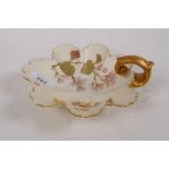 A Royal Worcester leaf shaped bowl with floral decoration and gilt highlights, stamped to base 1404,