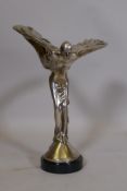 A chromed brass figure of the Spirit of Ecstasy, mounted on a a polished slate base, 40cm high