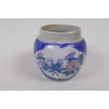 A Chinese porcelain bird feeder decorated with birds on a floral branch, AF, 6cm high