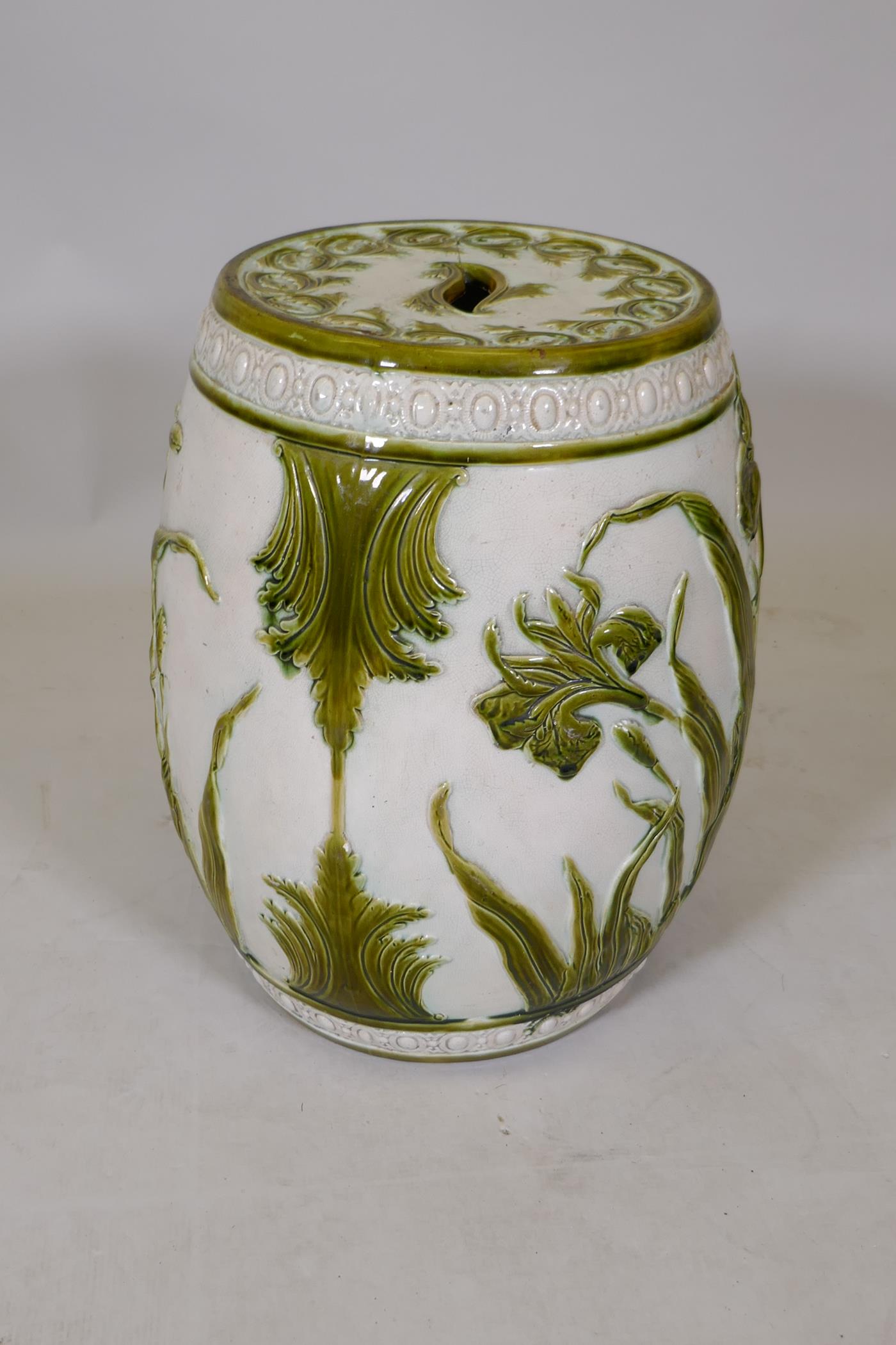 A Wardle majolica garden seat with raised olive green glazed lily decoration, 47cm high, 36cm - Image 5 of 6