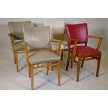 Four mid century lacquered beechwood and leatherette elbow chairs