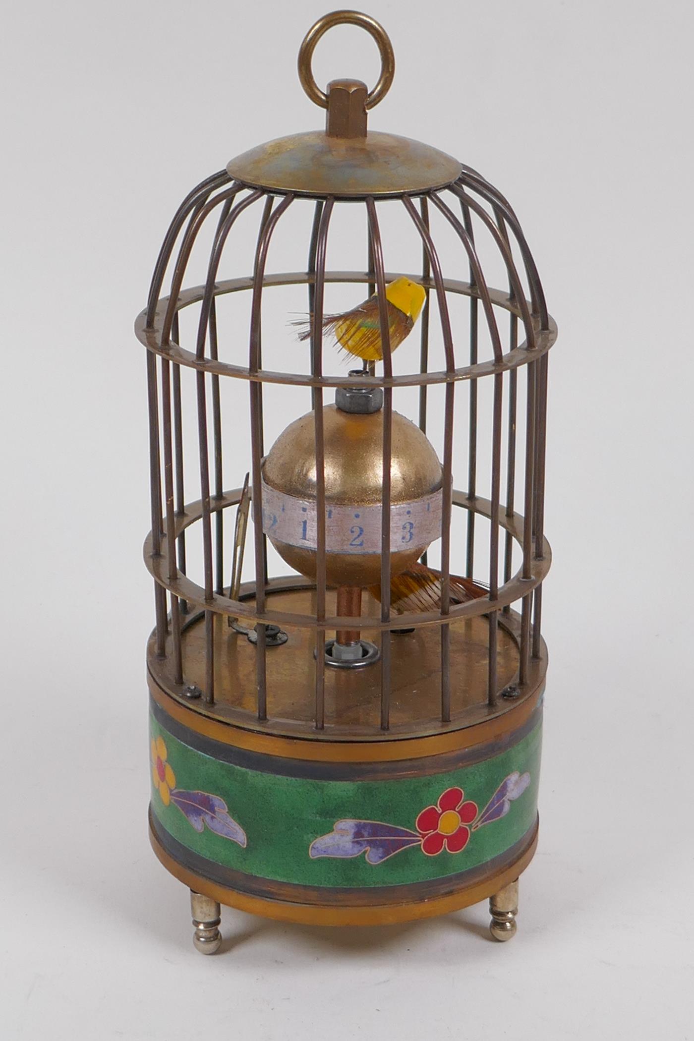 A cloisonne and brass birdcage mantel clock, 17cm high, winder absent - Image 3 of 4