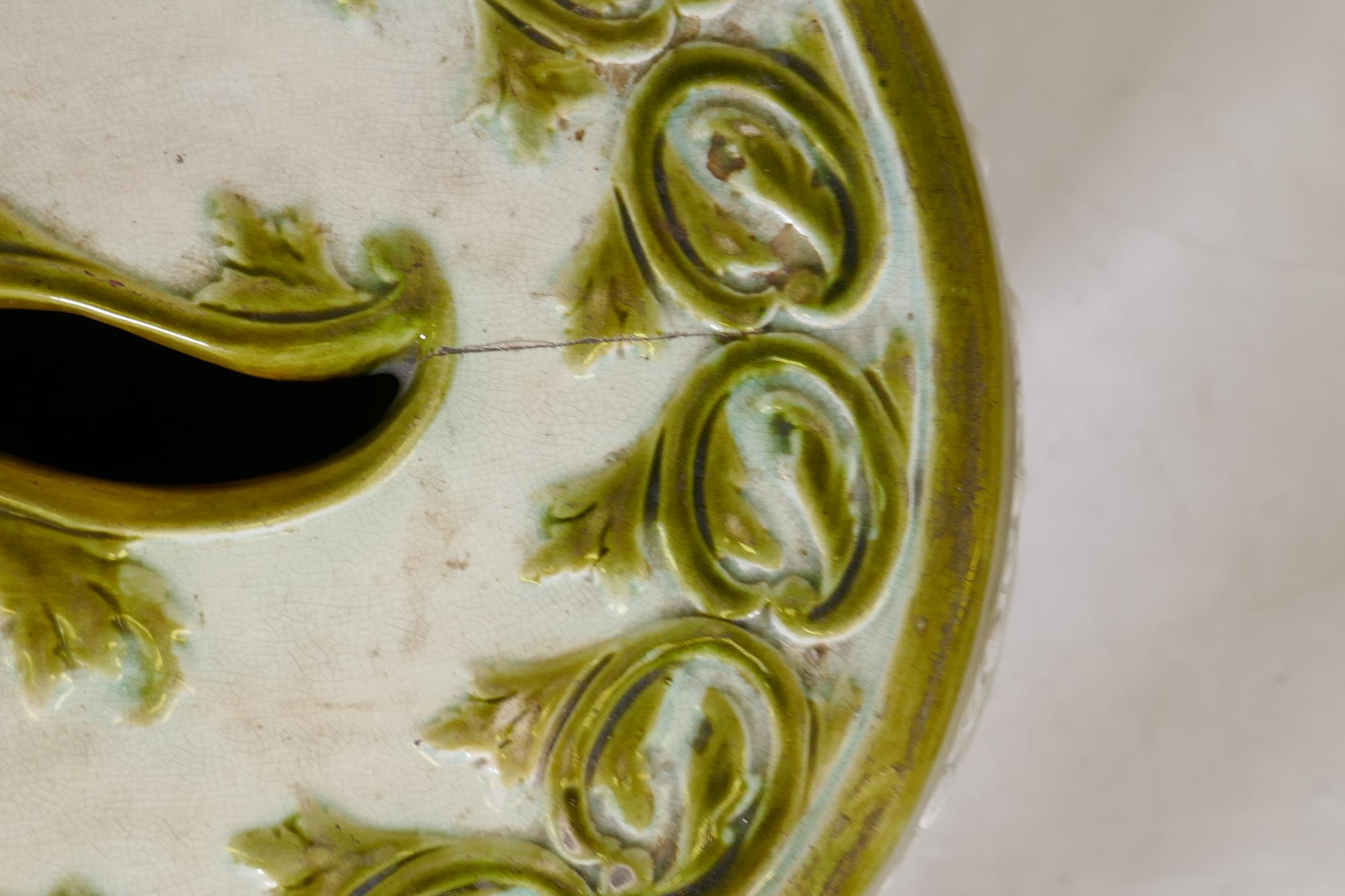 A Wardle majolica garden seat with raised olive green glazed lily decoration, 47cm high, 36cm - Image 3 of 6