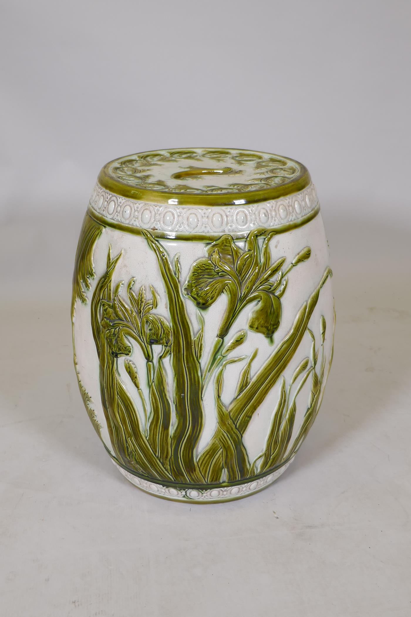 A Wardle majolica garden seat with raised olive green glazed lily decoration, 47cm high, 36cm - Image 4 of 6