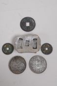 A Chinese white metal trade token and five facsimile (replica) coins, token 6 x 4cms