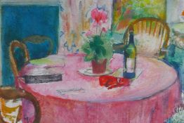 Anne Irby Crews, British (b.1927-present), The Pink Table, mixed media still life, 37cm x 25cm