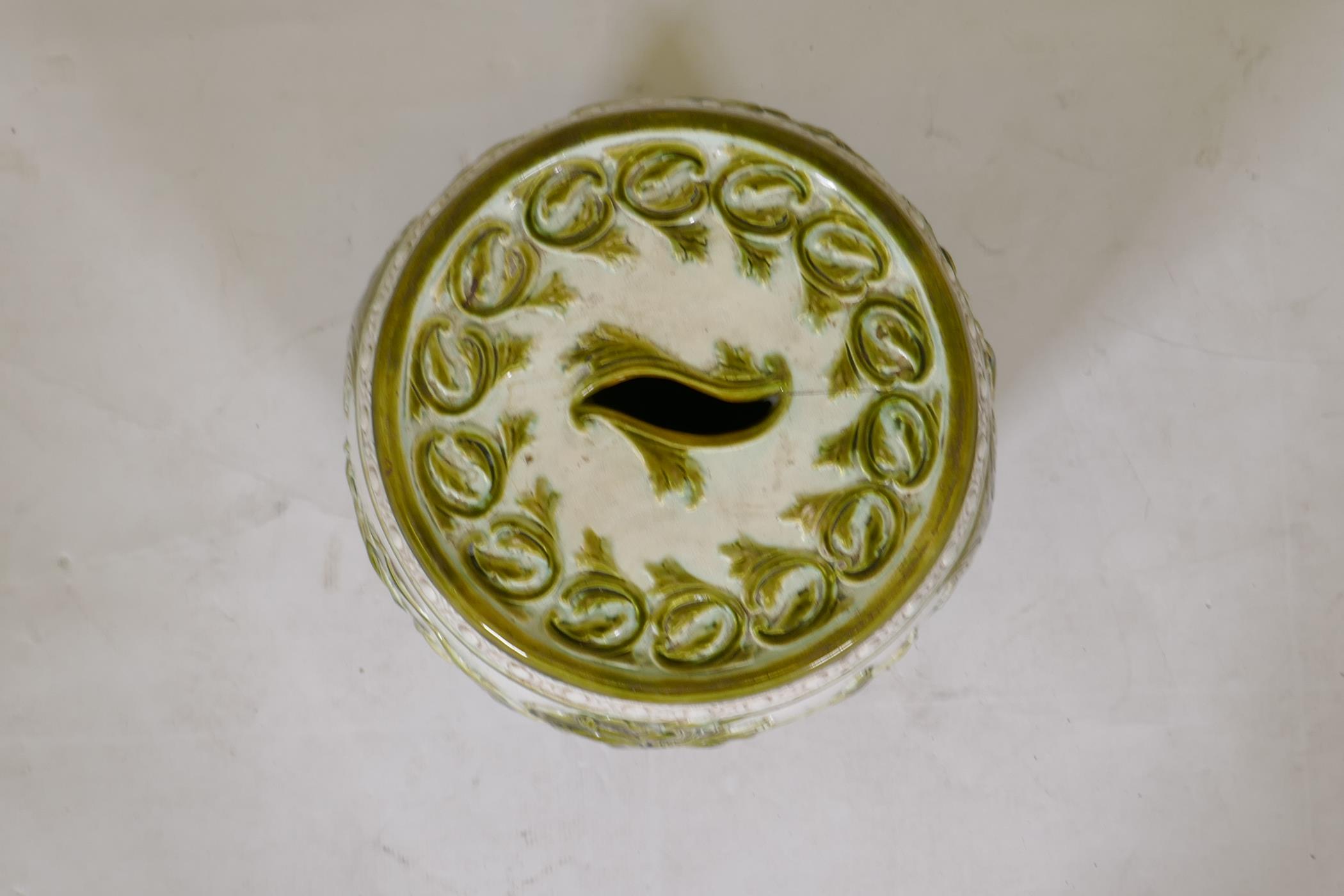 A Wardle majolica garden seat with raised olive green glazed lily decoration, 47cm high, 36cm - Image 2 of 6