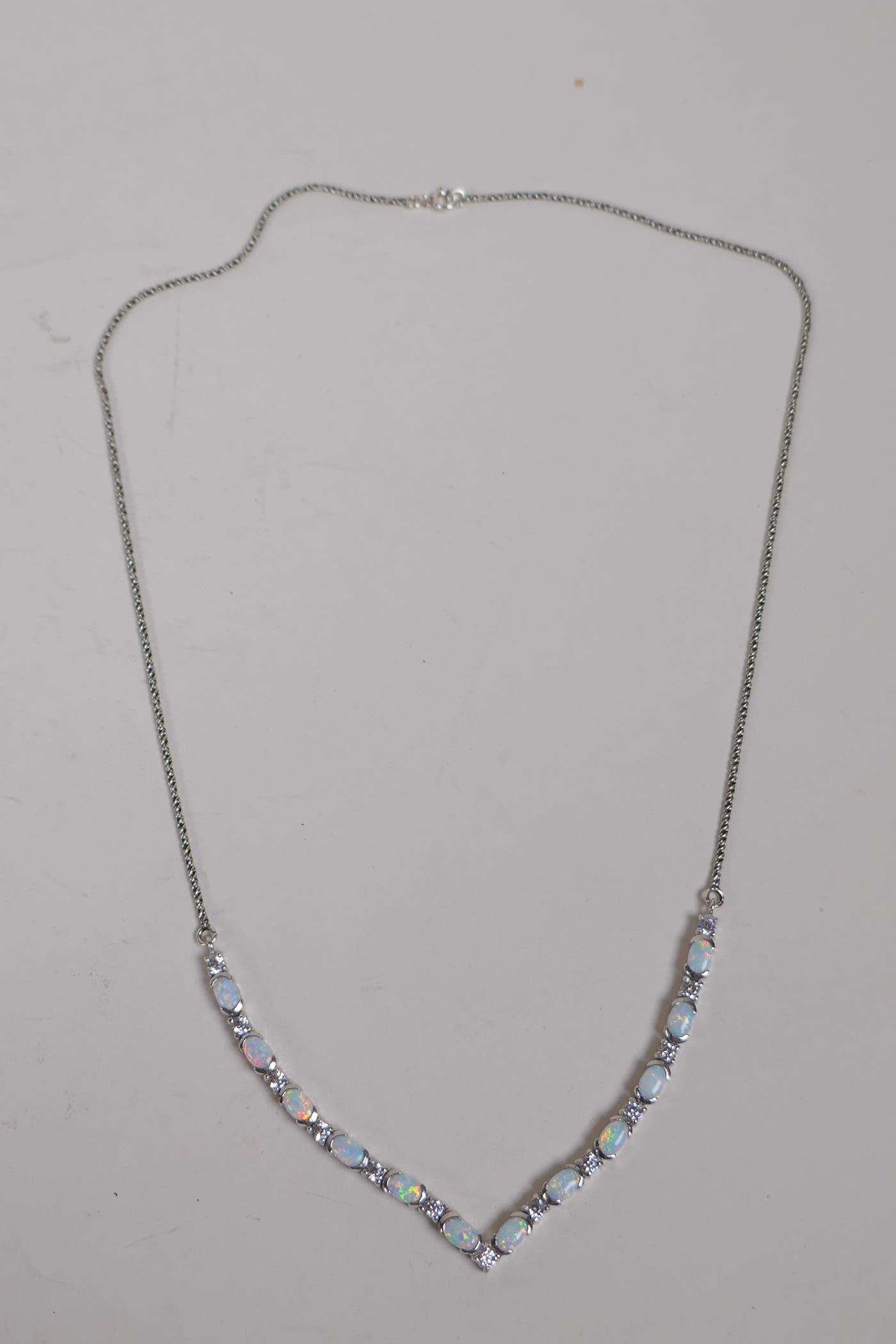 A 925 silver, cubic zirconia and opalite set necklace, 52cm long