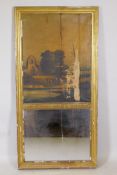 A C19th French giltwood and composition trumeau mirror, the upper panel with inset oil painting on