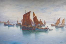 Robert Dobson, 1899, fishing boats off the shore, watercolour laid on board, AF, unframed, 103 x