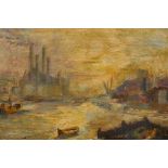 Port scene at sunset, signed A. Bastien, housed in a good swept gilt frame, oil on mill board, 45