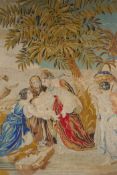 A C19th needlework tapestry panel depicting Moses and the Pharoah's daughter at the river's edge, in