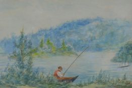 River scene with fisherman, watercolour, 8" x 5½"