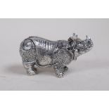 A silver plated vesta case in the form of a rhino, 7cm long