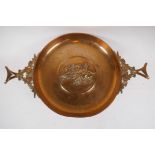 A Barbedienne bronze tazza, the centre embossed with horses and riders, the handles supported on