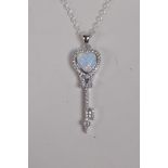A 925 silver pendant necklace in the form of a key set with cubic zirconia and a heart shaped